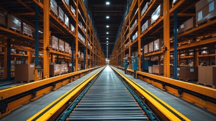 Fototapeta premium Automated warehouse with conveyor system, high-bay racking filled with packages