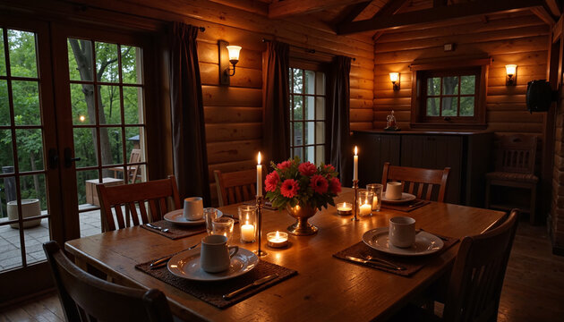 Cozy candlelit dining table in a rustic log cabin   - Powered by Adobe