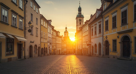 Fototapeta premium Sunlit street view with buildings and a clock tower