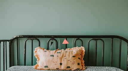A bed with decorative pillow and geometric hanging ornaments