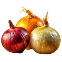 A vibrant display of three types of onions: red, yellow, and orange, showcasing their unique colors and textures in a fresh, culinary setting.