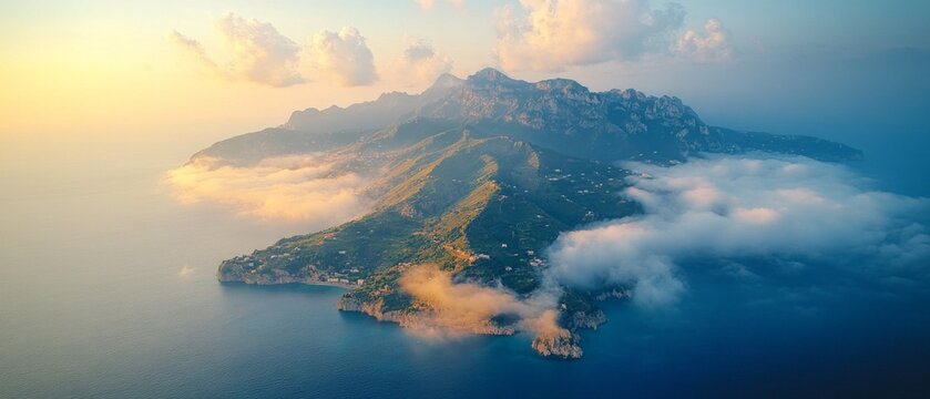 A mountainous landscape with clouds and sunshine, creating an inspiring atmosphere, suitable for travel and adventure.