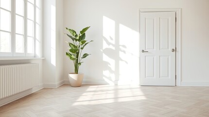 Obraz premium Bright minimalist room featuring a plant door and window