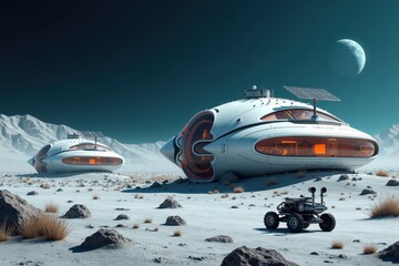 Futuristic Spaceship Habitat on a Desolate Alien Planet Landscape