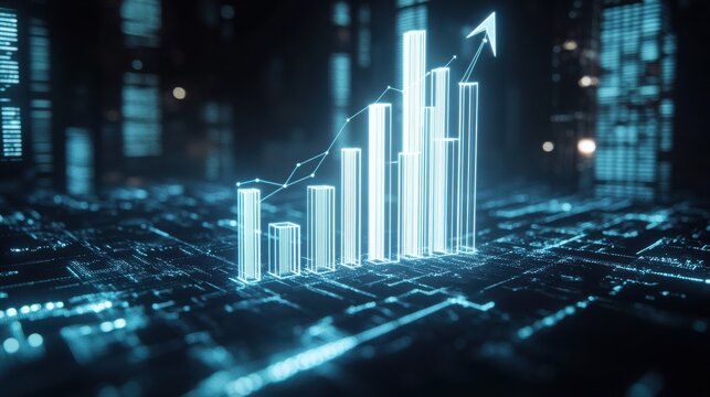 A white 3D bar graph rising upward, an arrow pointing upward with glowing lines. surrounding the graph, all on a dark blue background.