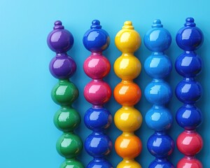 Colorful wooden beads arranged in a vibrant pattern against a blue background
