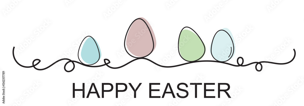 Fototapete one line drawing. abstract decorative horizontal divider with easter color eggs. beautiful hand draw