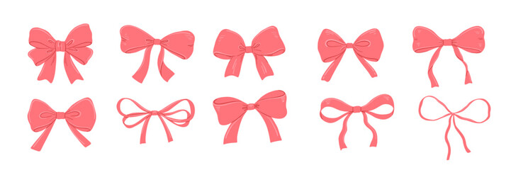 Coquette pink bow drawings set, vector flat illustration isolated on white, cute red ribbon