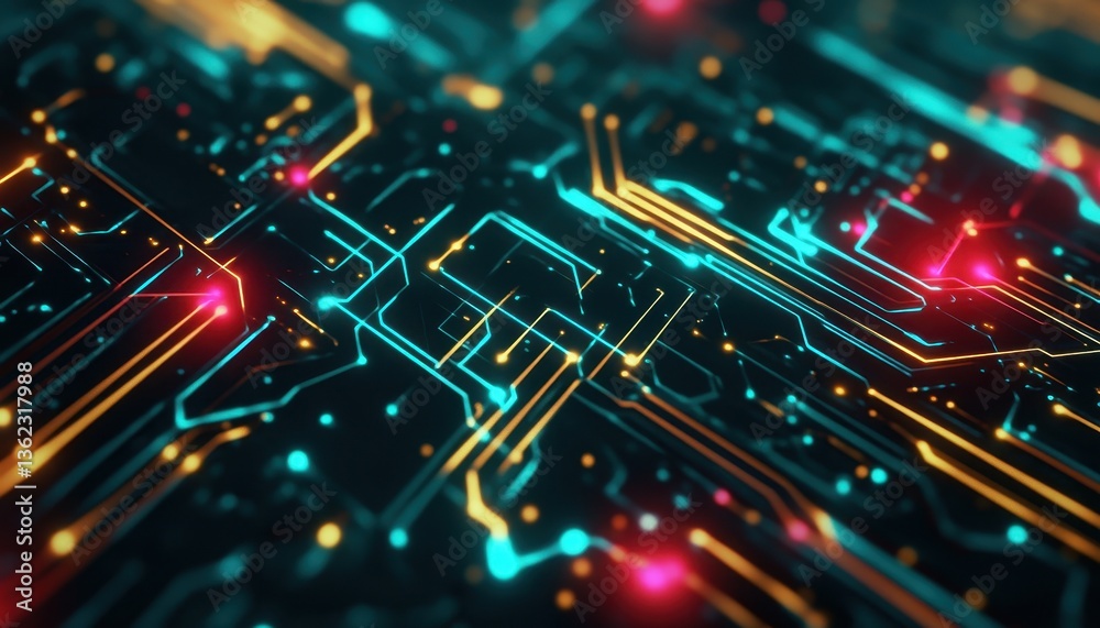 Aufkleber Abstract Glowing Circuit Board Pattern with Orange Cyan and Red Lines