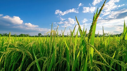 Obraz premium Ripe rice field and sky landscape on the farm