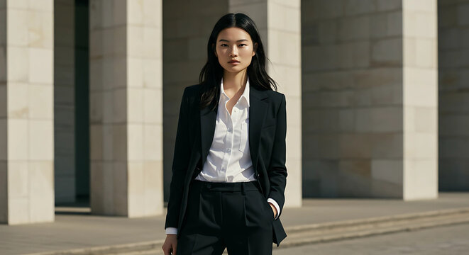 Woman in black suit and white shirt standing outside