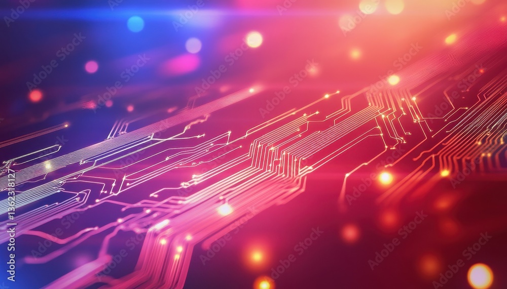 Poster Abstract Glowing Circuit Board with Red and Blue Lines
