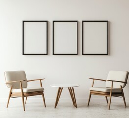 Minimalist living room with three empty frames and two armchairs.