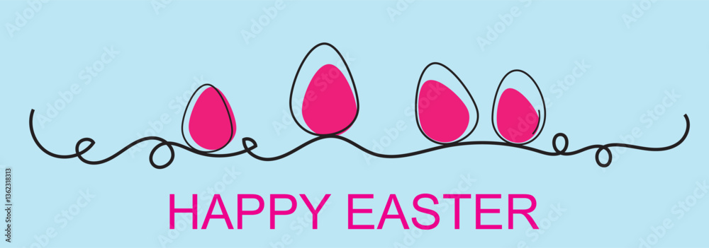 Fototapete one line drawing. abstract decorative horizontal divider with easter color eggs. beautiful hand draw