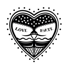 Heart with butt in underwear and stockings tattoo style vector illustration in black style isolated on white background