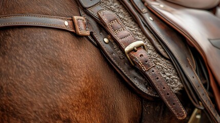 Close-up of brown leather saddle on horse