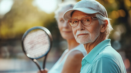 Senior man playing tennis at court, active lifestyle. 