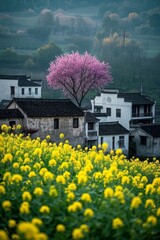 there is a tree that is in the middle of a field of flowers
