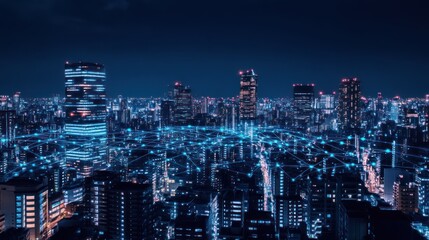 Obraz premium Night cityscape network, urban glow, futuristic view, aerial shot
