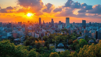 Obraz premium Vibrant sunset over a city skyline, trees and buildings bathed in warm light