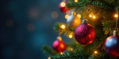 Sparkling Christmas tree with glass baubles and twinkling string lights,  winter wonderland, baubles