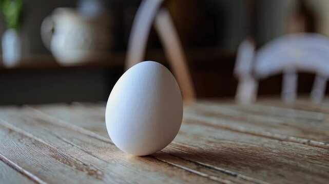 Close-up video shot of a single egg on a rustic wooden table, showcasing simplicity and natural textures from a low angle perspective.