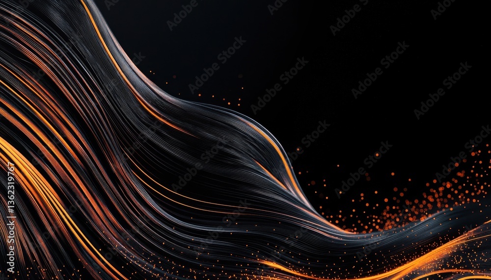 Poster abstract orange and black particle waves on dark background