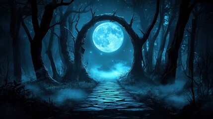 Obraz premium Sinister moonlit path in a dense forest, cold fog creeping over the ground, an unsettling yet mesmerizing Halloween setting.