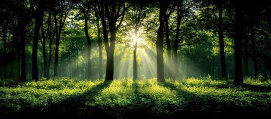 Obraz premium Sunbeams illuminate a lush green forest, creating a magical, serene atmosphere.