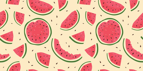 Seamless Background With Watermelons. Flat Colourful Drawing of watermelons in cut, slices, pieces, halves. Vector