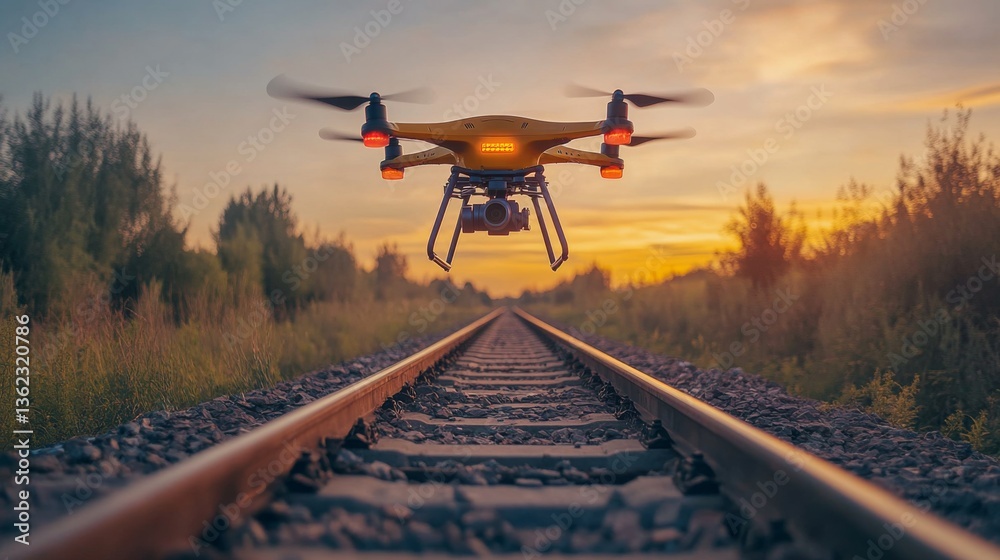 Poster a drone hovers above railway tracks, capturing visual data for inspection and surveillance. the suns