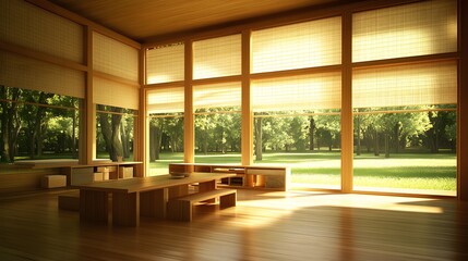 Fototapeta premium Serene Minimalist Wooden Room with Large Windows and Green Park View