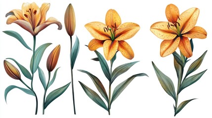 Obraz premium Blooming Lilies with Buds, Isolated Clean White Background