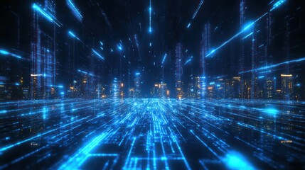 Digital city, glowing lines, futuristic, motion blur, data flow, background, technology, night scene, potential stock photo