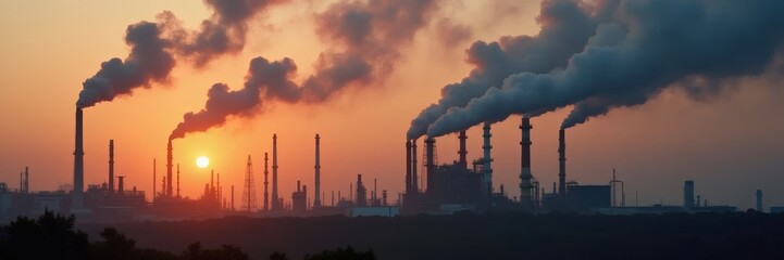 Fototapeta premium Carbon Storage Plant and Chimneys with Smoke at Sunset, Industrial Emissions, Climate Change