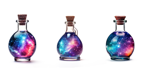 Colorful potion bottle with galaxy-themed liquid on a transparent background