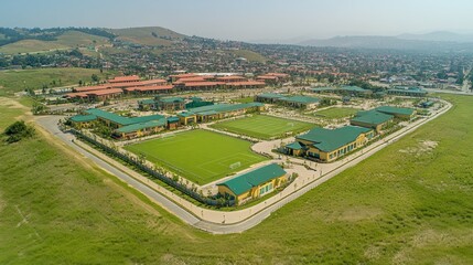 Aerial view of a sprawling campus with buildings, fields, and surrounding landscape
