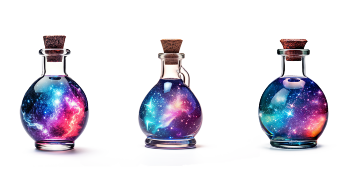Colorful potion bottle with galaxy-themed liquid on a transparent background
