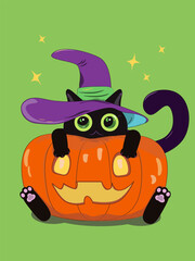 A big black cat with green eyes sits in an orange pumpkin with cut out eyes and a mouth. A cat in a huge witch's hat. Halloween cat. Big postcard sticker cover