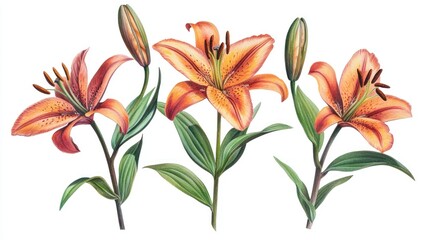 Blooming Lilies with Buds, Isolated Clean White Background