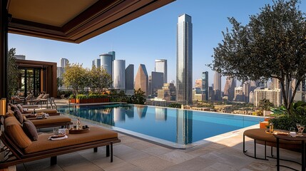 Fototapeta premium Luxury Rooftop Pool with Stunning Houston Skyline View
