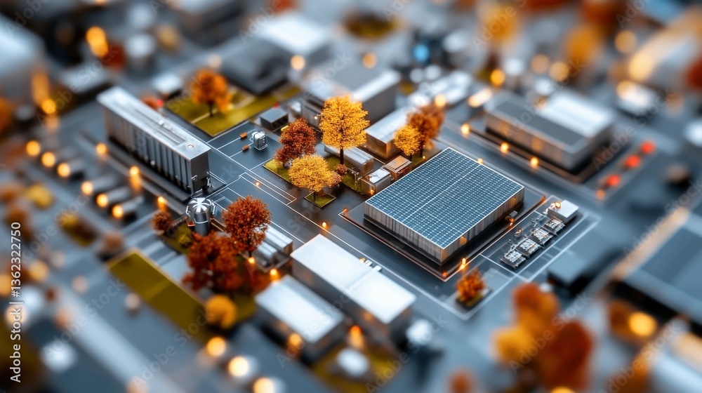 Poster microchip metropolis: a miniature cityscape design created within the confines of a computer microch
