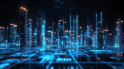 Futuristic city skyline, digital glow, night view,  stock photo