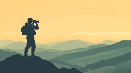 Fototapeta premium Silhouetted hiker capturing landscape, adventurer on mountain summit, vibrant sunset backdrop, inspiring outdoor exploration.