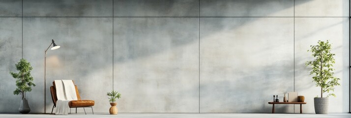 Sunlit minimalist room, featuring a leather armchair, floor lamp, potted plants, and small wooden table against a textured concrete wall
