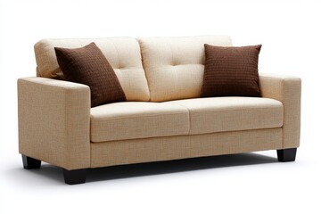 Fototapeta premium Cozy Couch Comfort: A modern cream-colored sofa with two plush cushions evokes a sense of warmth and relaxation