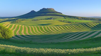 Fototapeta premium Rolling hills and fields in vibrant green hues under a clear sky