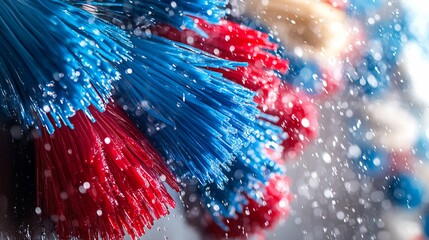 Close-up of wet, colorful car wash brushes in action