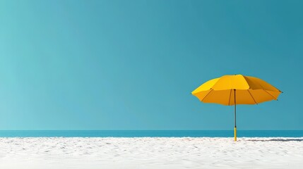 Bright Yellow Umbrella on Serene White Sand Beach Under Clear Blue Sky with Gentle Ocean Waves in Background
