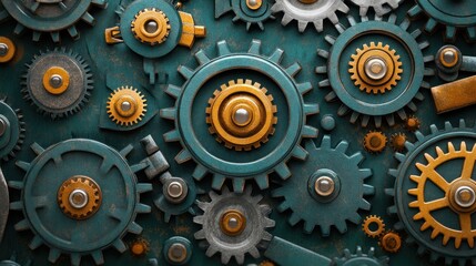 Intricate teal and gold gears interlock, creating a complex mechanical design